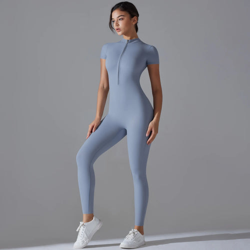 Yoga Set Women's Jumpsuits One-Piece Suit Zipper Short Sleeve Gym Push