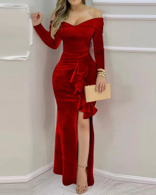 Women Evening Dress 2024 Autumn Winter Latest Sexy Velvet One Shoulder