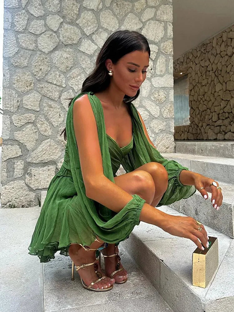 Women's Fashion Green Chiffon Mini Dress Elegant V-neck Split Long