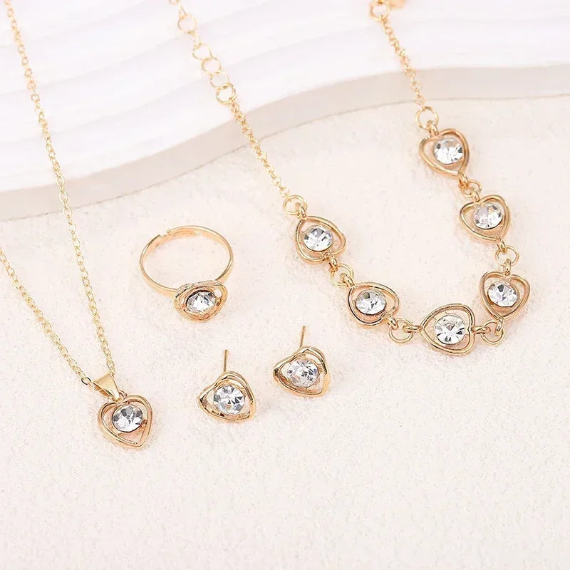 5PCS Set Gold-Color Heart Shaped Jewelry Sets Of Ring Earrings