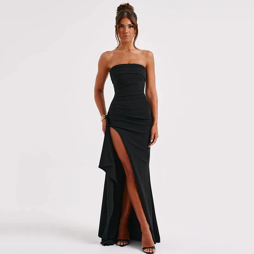 Black Off-shoulder Strapless Backless High Split Maxi Dress For Women