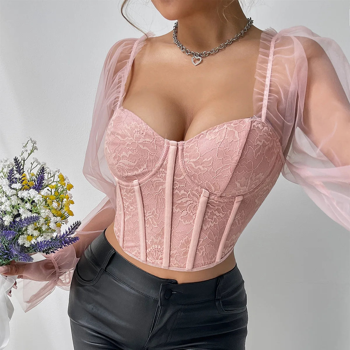 2024 Summer Woman's Corset Tops Pink Gauze Long Sleeve Cropped Top Sexy Sheer Bustier Slim Lingerie Tank Top Bodyshaper Camisole