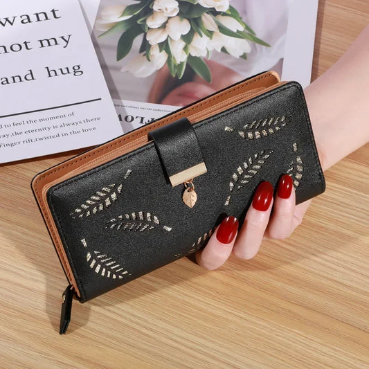 Women Wallet PU Leather Purse Female Long Wallet Gold Hollow Leaves