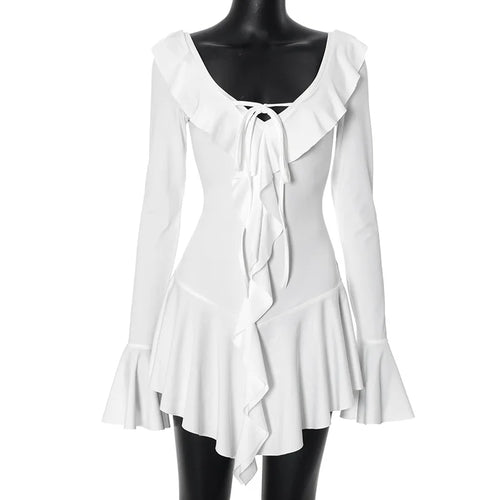 TARUXY White Deep V Neck Ruffled Dress For Women Long Flare Sleeve