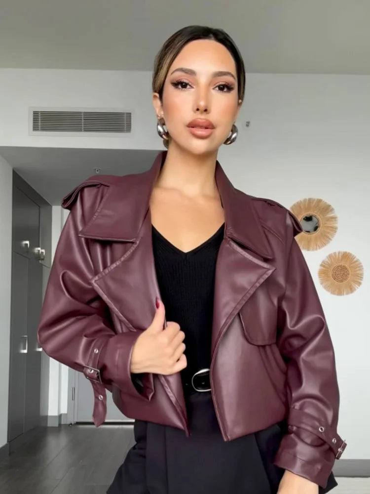 Women Retro Burgundy Leather Short Jacket Fashion Big Lapel Full