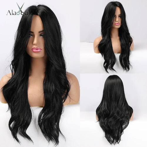 ALAN EATON Black Long Body Wavy Synthetic Wigs for Women Afro Natural