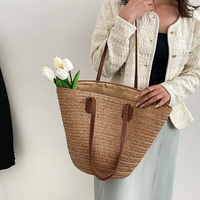 Women's Large Capacity Shoulder Bag Summer Straw Woven Basket Handbag