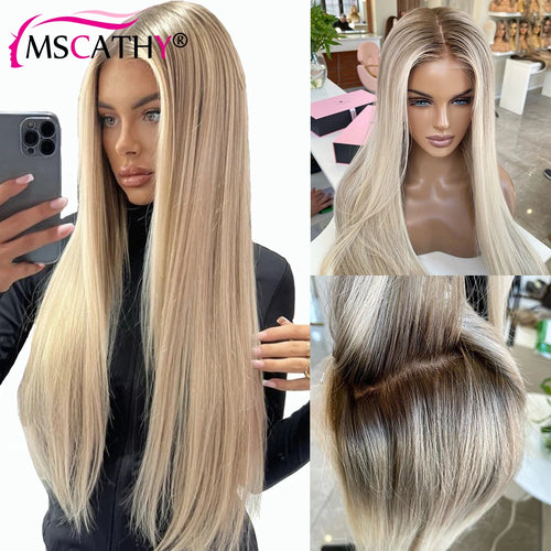 250% Glueless Ash Blonde Colored Ombre Human Hair Wigs For Women 13x4