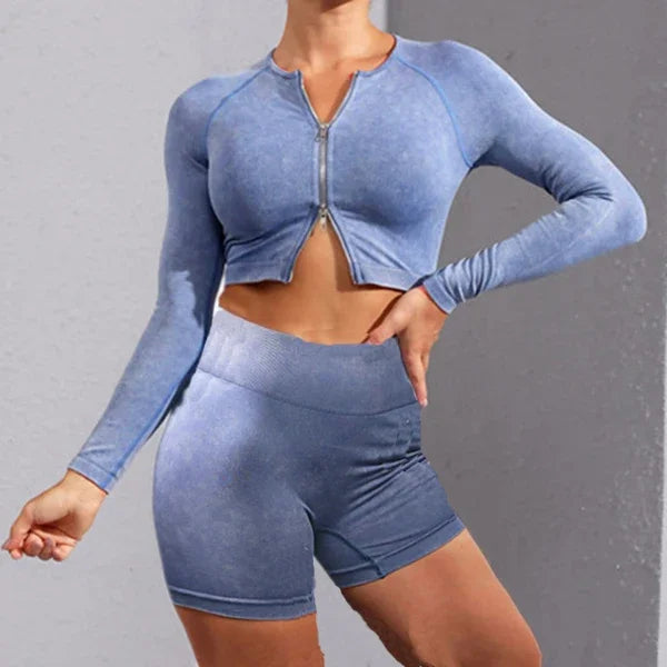 1PCS QK Ribbed Women Sport Suit Zipper Yoga Set Gym Workout Long