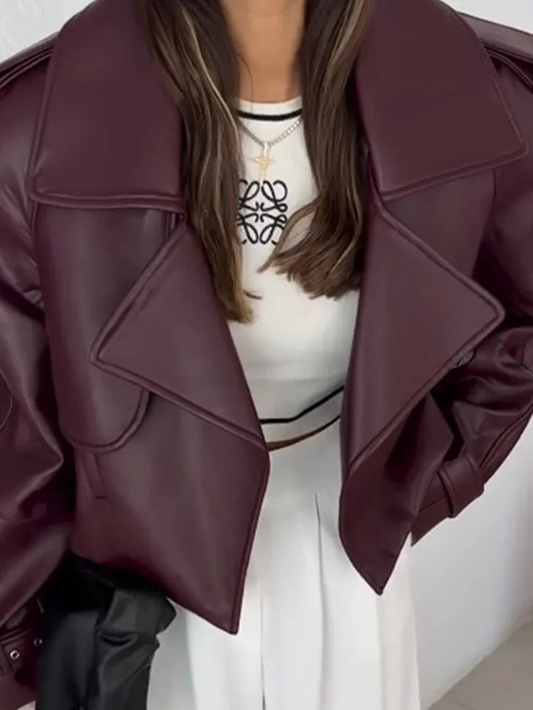 Women Retro Burgundy Leather Short Jacket Fashion Big Lapel Full