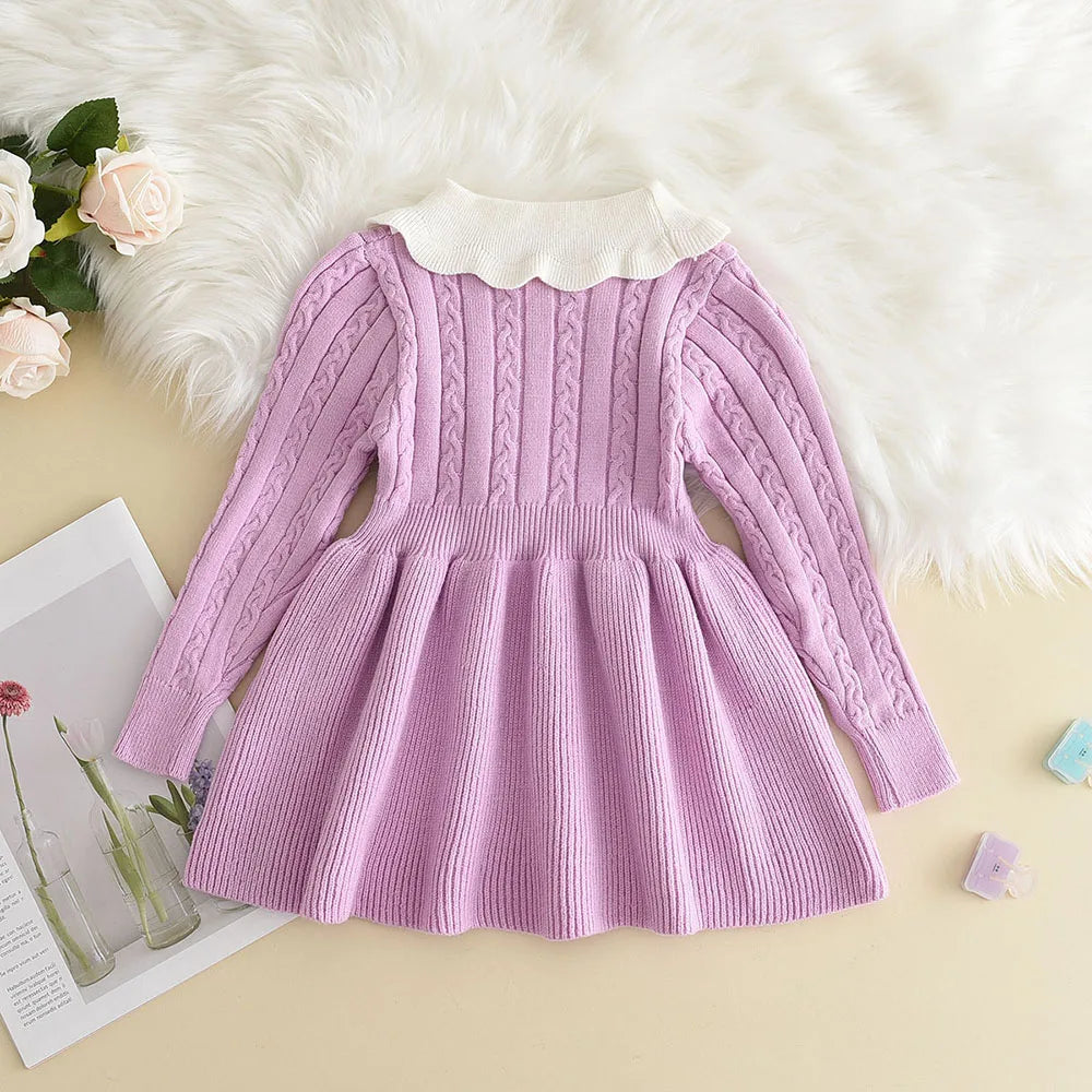 Winter Girls Knitting Wool Long Sleeve Dress Autumn Girls Baby Ruffle