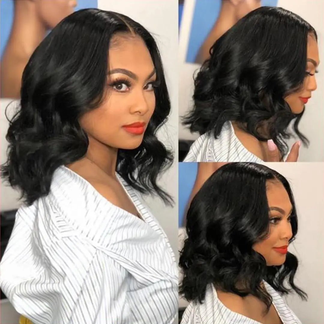 Black Short Body Wave Lace Front Wigs Glueless Natural Wave Synthetic