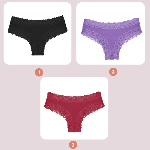 3PCS Lace Seamless Cotton Panties Ribbed Brazilian Pants Low Waist