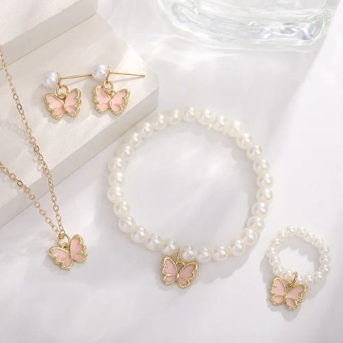 4pcs/Set Sweet Jewelry Set Butterfly Pendant Imitation Pearl Necklace