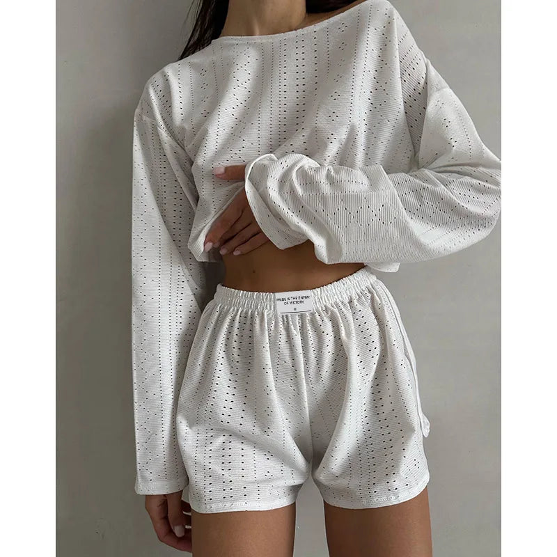 Women's Pajamas Set Spring Long Sleeve Tops With Shorts Sleepwear 2