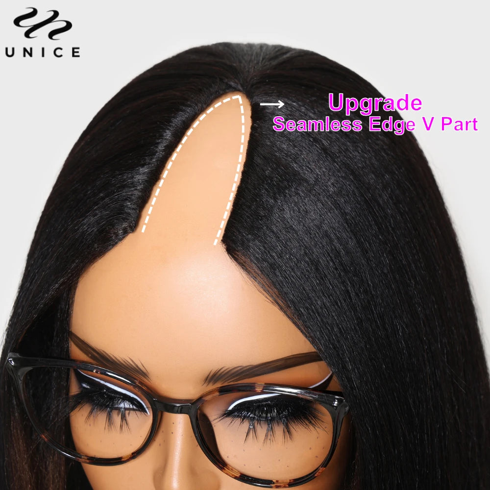 UNice Hair Chestnut Brown Yaki Straight V Part Wig 100% Human Hair