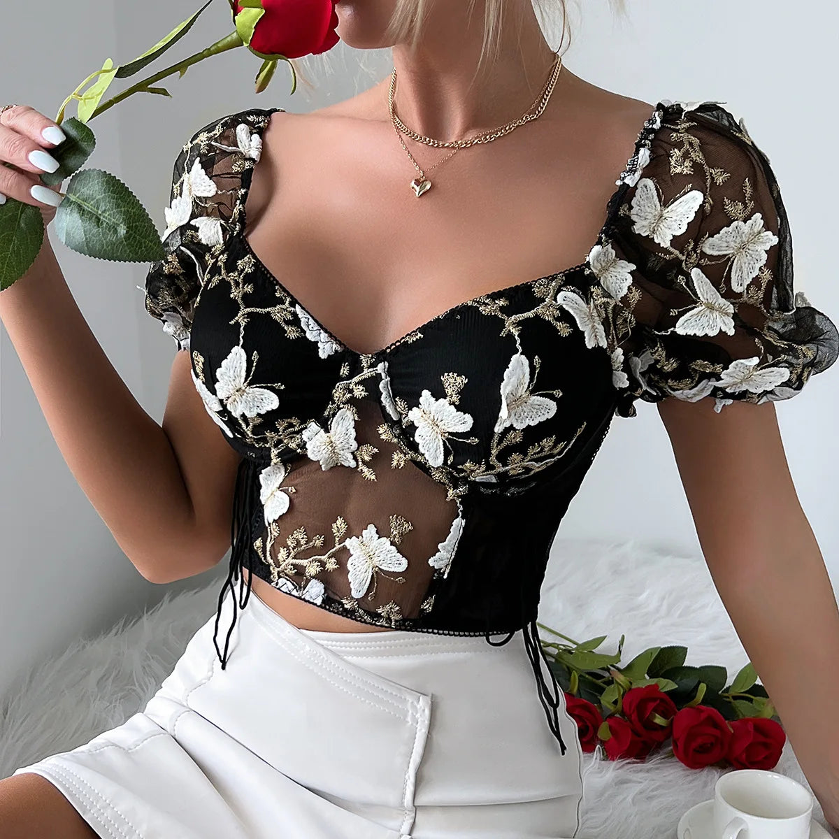 Yimunancy Boho Bufferfly Embroidery Puff Sleeve Top Women V Neck Summer Backless Short Sleeve Sexy Cropped Top Blouse