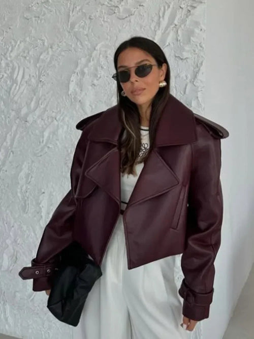 Women Retro Burgundy Leather Short Jacket Fashion Big Lapel Full