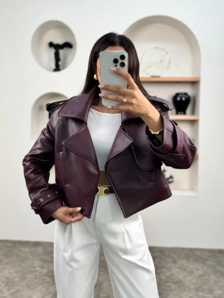 Women Retro Burgundy Leather Short Jacket Fashion Big Lapel Full