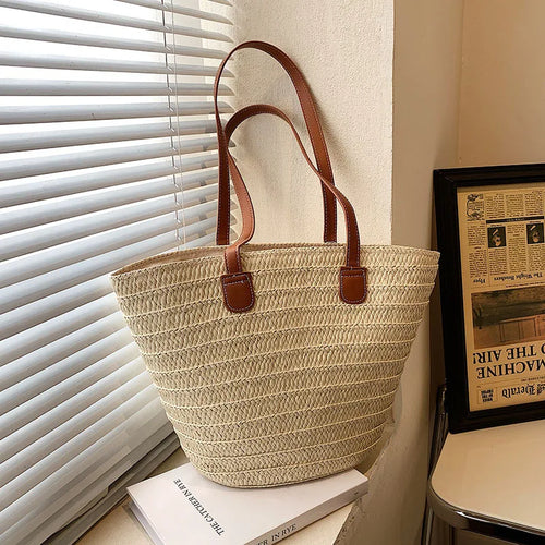 Women's Large Capacity Shoulder Bag Summer Straw Woven Basket Handbag