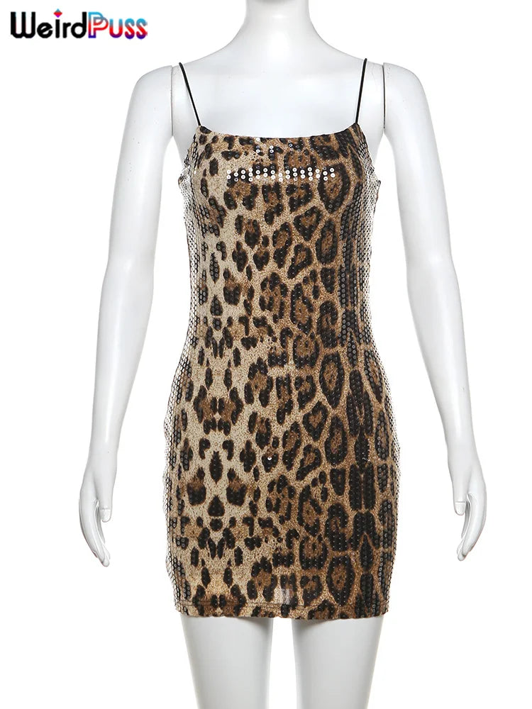 Weird Puss Leopard Print Sexy Dress Women Sequins Hipster Summer