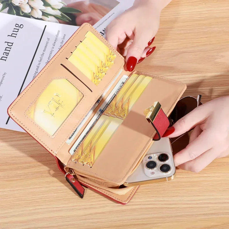 Women Wallet PU Leather Purse Female Long Wallet Gold Hollow Leaves