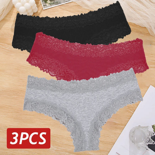 3PCS Sexy Lace Panties Women Cotton Underwear Low Rise Solid Color