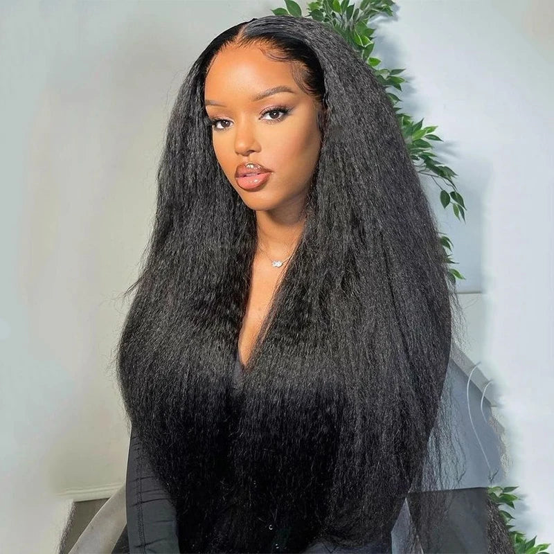 Yaki Black 30Inch Long Kinky Straight Lace Front Wig For Women With