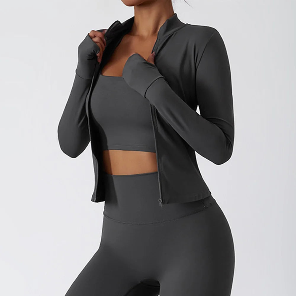 Women Zipper Jacket Yoga T-shirts Solid Sports Top Long Sleeve Crop