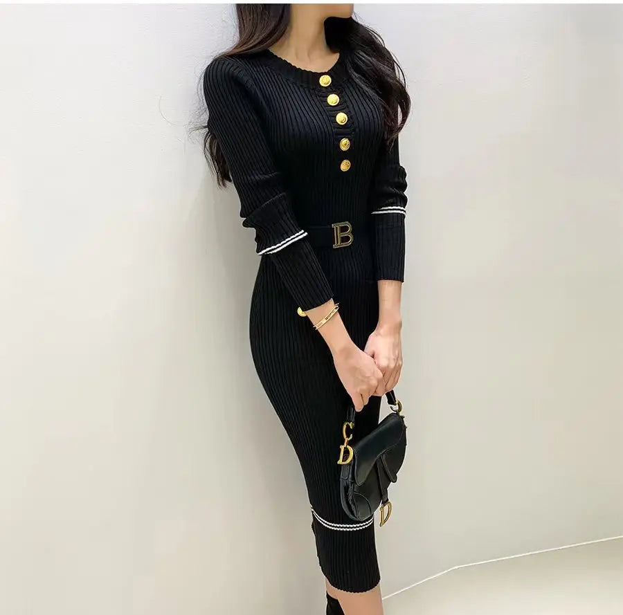 Autumn Winter Women Knitted Dress Brand Fashion O-neck Buttons Bodycon