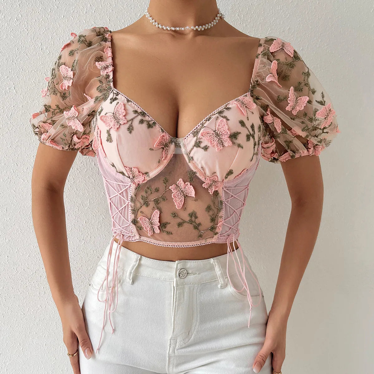 Yimunancy Boho Bufferfly Embroidery Puff Sleeve Top Women V Neck Summer Backless Short Sleeve Sexy Cropped Top Blouse