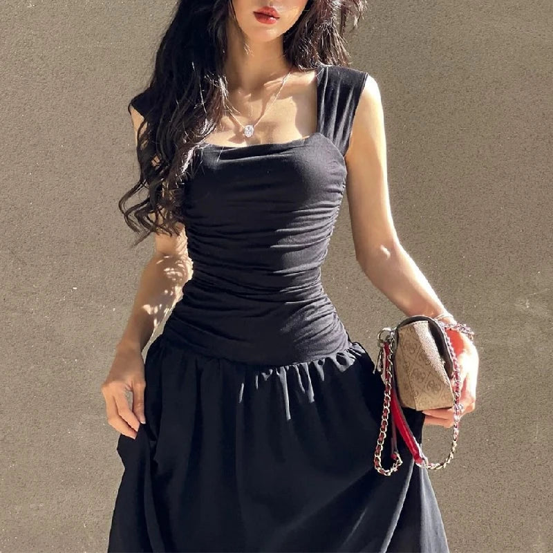 WhereMery Women Summer Party Long Dress Sexy Ruched Bodycon Black Maxi