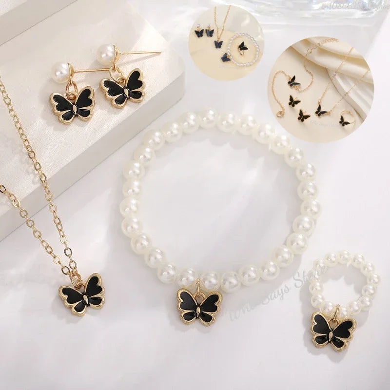 4pcs/Set Sweet Jewelry Set Butterfly Pendant Imitation Pearl Necklace