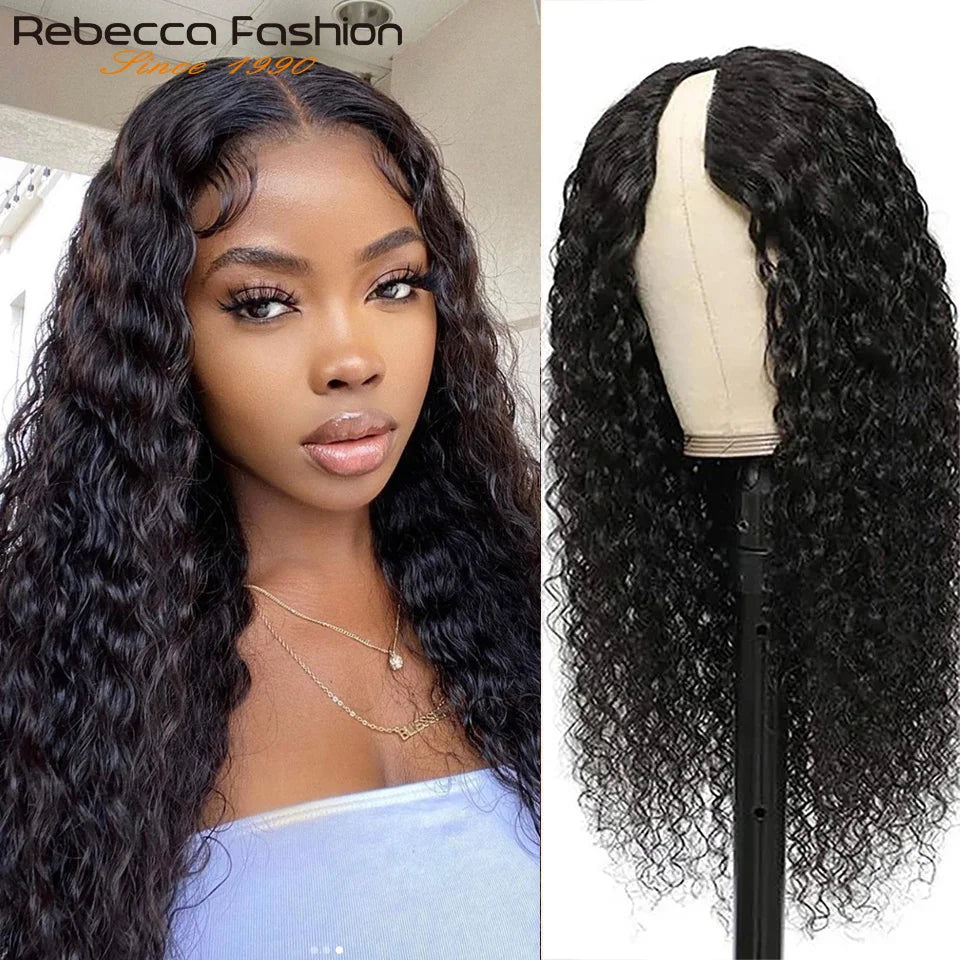 U Part Water Wave Wig Human Hair No Leave Out Machine Made 22 Inches