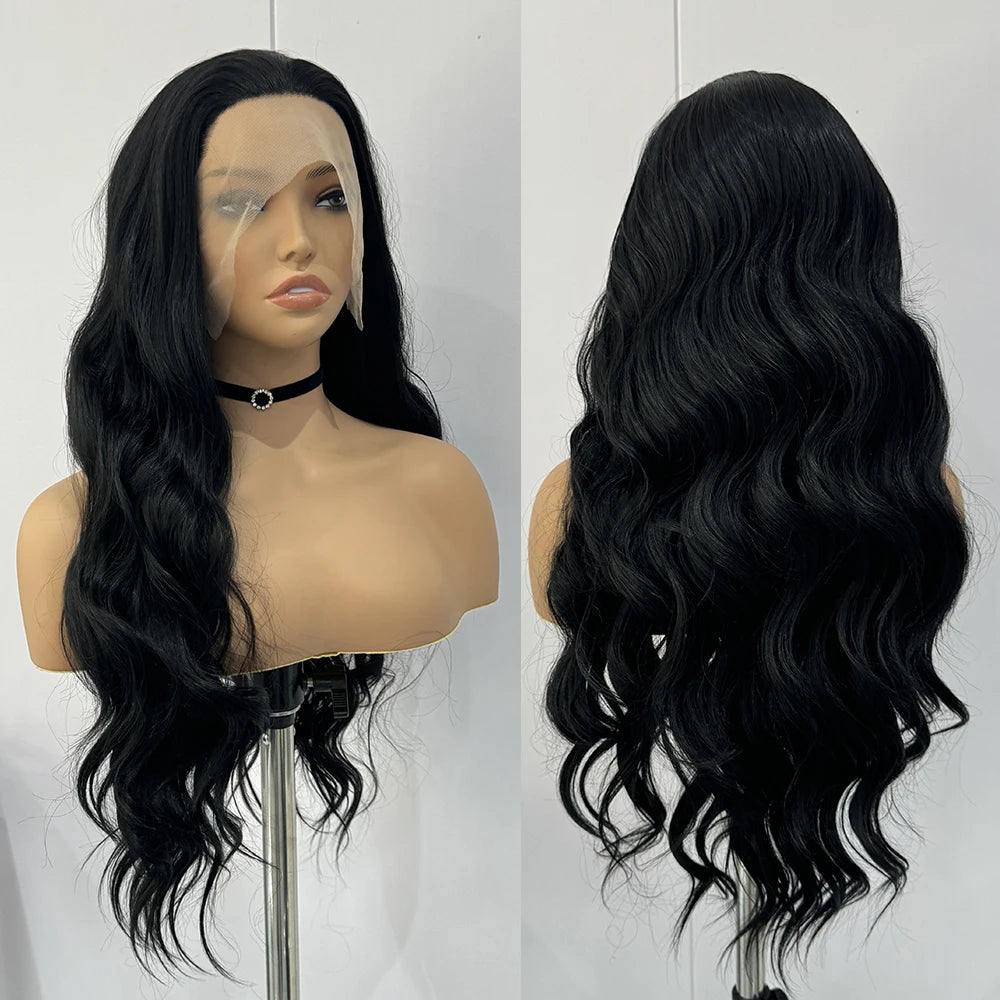 Black Wig Synthetic Lace Front Wigs For Women Long Hair Body Wavy Heat