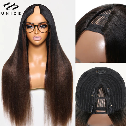 Unice Hair EasiContour Yaki Straight V Part Wig 100% Human Hair Clip