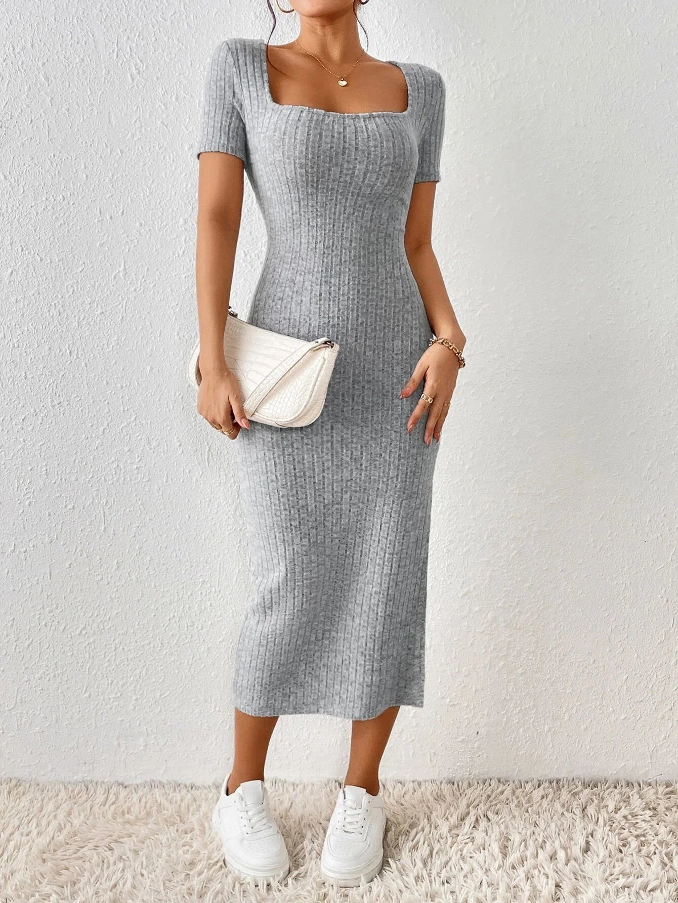 Women Spring Summer Style Knitted Dress Lady Casual Short Sleeve