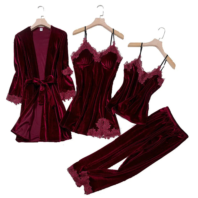 TOP Casual Velour Home Clothing 4pcs Sleep Set Intimate Lingerie Women