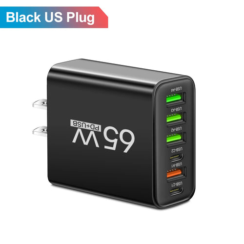 Total 65W 6 in 1 4 USB 2 Type C Quick Charging Fast Wall Charger For