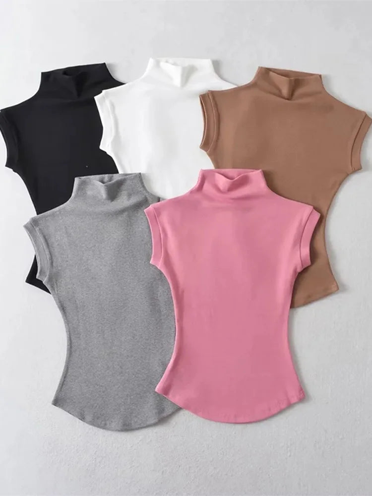 Women Summer Sexy Turtleneck Sleeveless T-Shirts Tops Solid Slim Fit