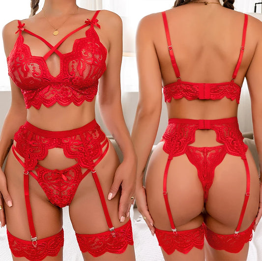 Women's Sexy lace Lingerie Set Teddy Lace Erotic Bikini 3pcs Bra And