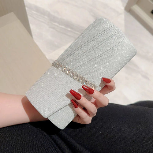 Women Lady Female Silver Evening Dinner Clutch Shiny Elegant Bag