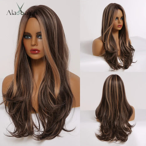 ALAN EATON Black Long Body Wavy Synthetic Wigs for Women Afro Natural