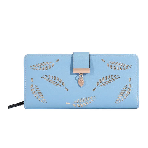 Women Wallet PU Leather Purse Female Long Wallet Gold Hollow Leaves