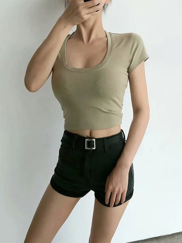 U-Neck Crop Top Solid Color Women Casual High Waist T Shirt Basic Sexy