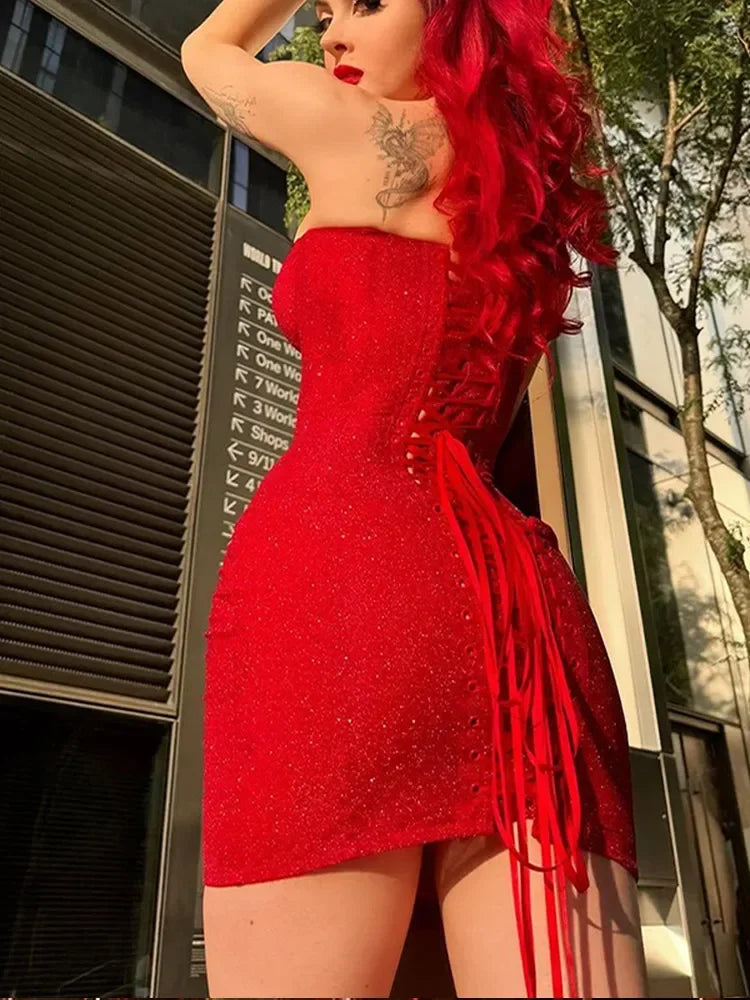 Women Sexy Glitter Back Lace Up Red Strapless Mini Dress Fashion