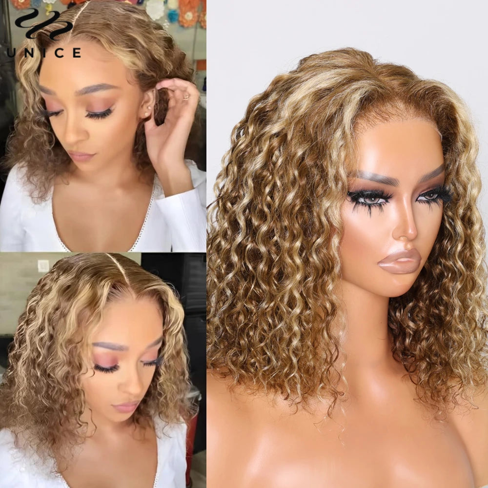 UNice 7x5 Glueless Water Wave Bob Wig Honey Blonde Highlight Pre