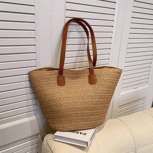 Women's Large Capacity Shoulder Bag Summer Straw Woven Basket Handbag