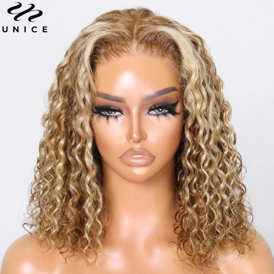 UNice 7x5 Glueless Water Wave Bob Wig Honey Blonde Highlight Pre