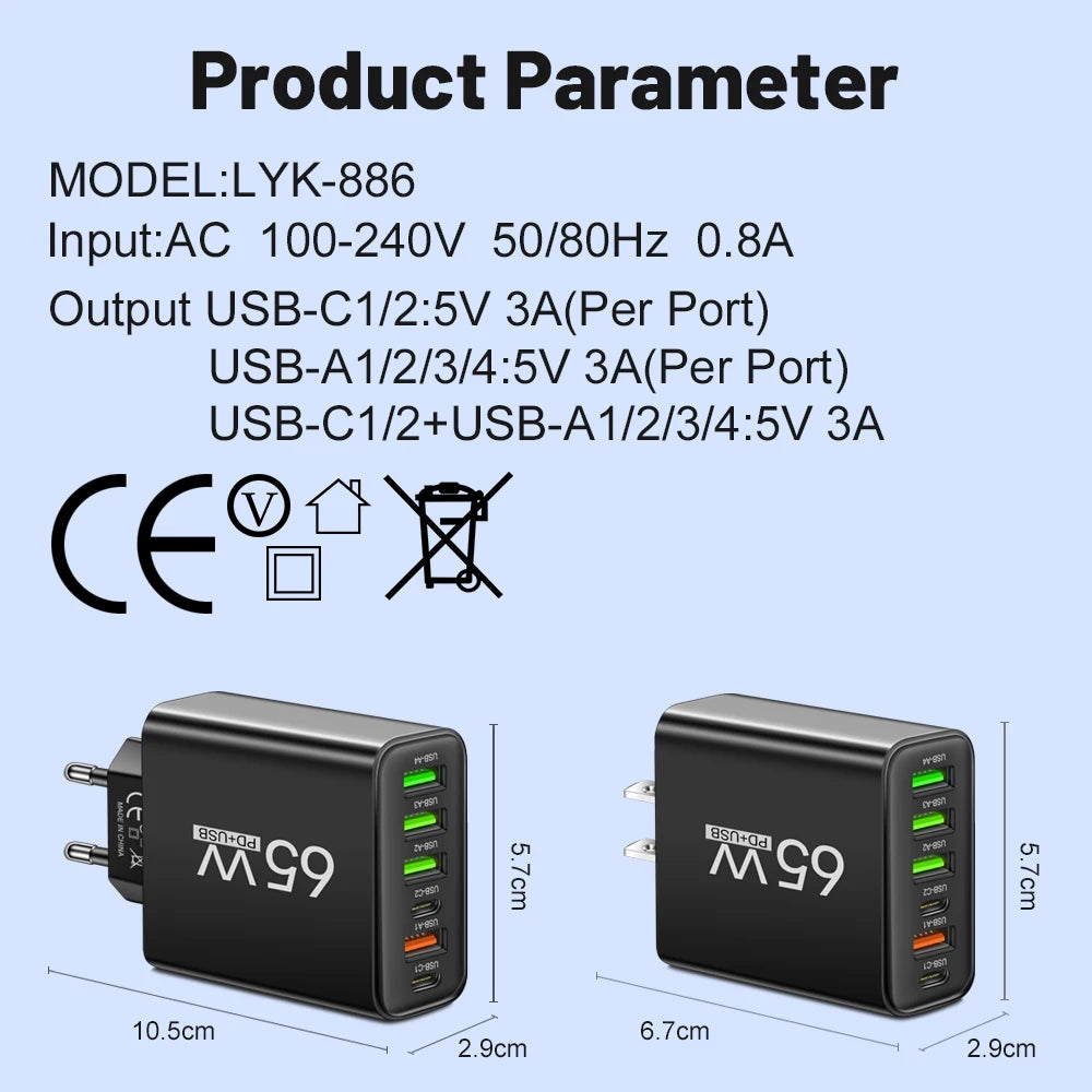 Total 65W 6 in 1 4 USB 2 Type C Quick Charging Fast Wall Charger For